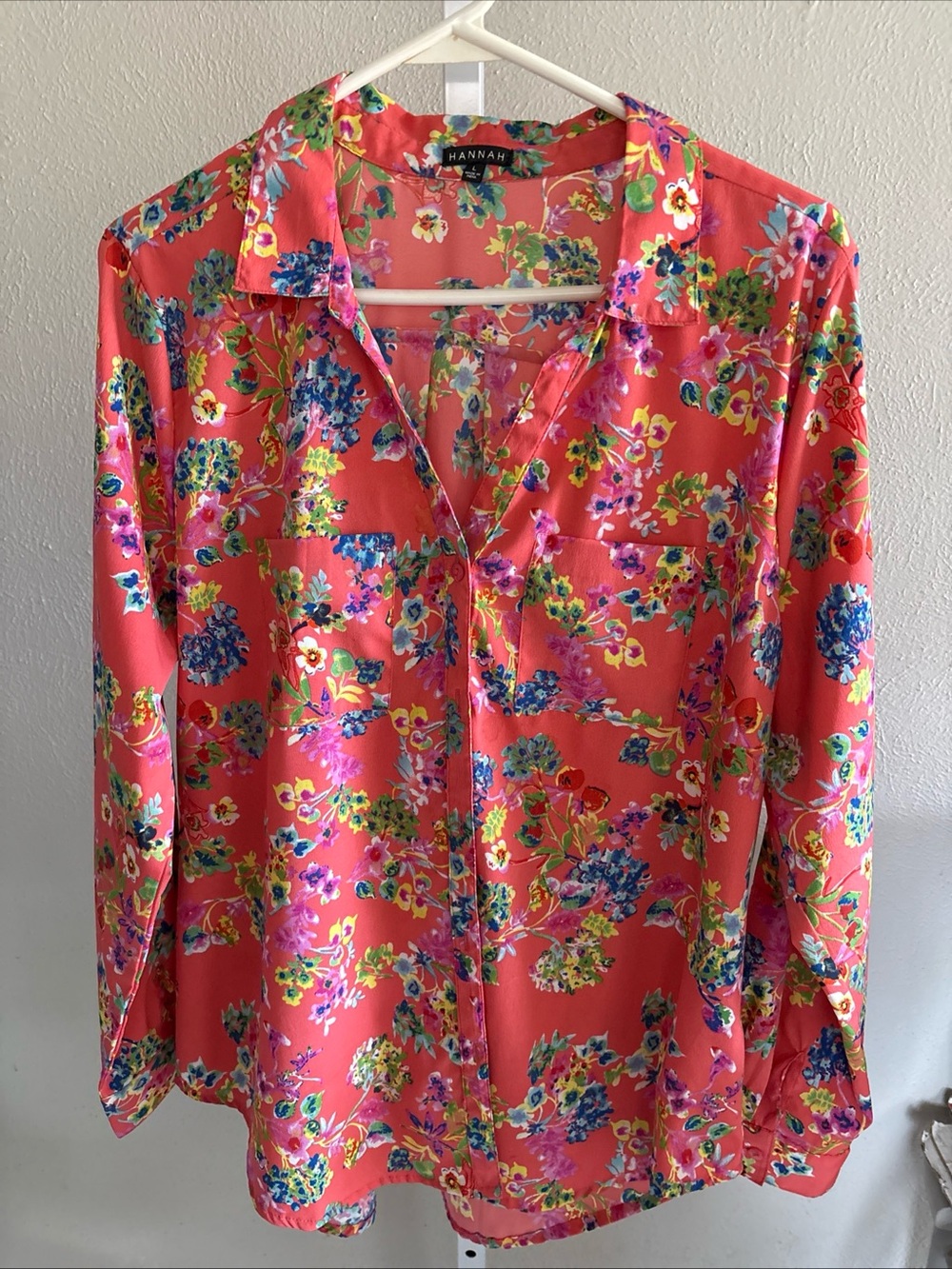 HANNAH Coral Floral Button-Up Blouse Size Large
